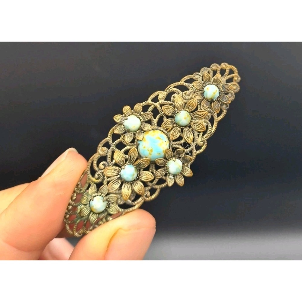 Vintage 1920-30s Czech Brass Filigree Brooch Pin Turquoise Glass Cabochons Art - Picture 1 of 9